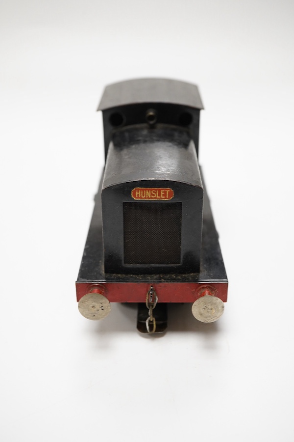 An 0 gauge railway tinplate Bonds 0-6-0 diesel Hunslet shunter, 4, for 3-rail running, with alterations to the motor and a new centre shoe adaptation